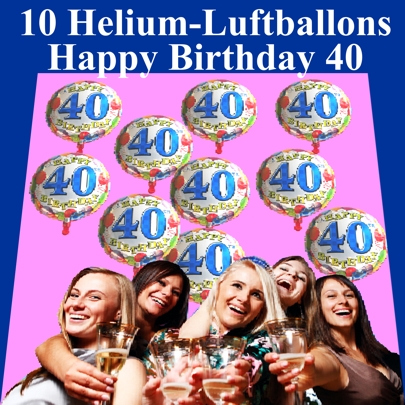 10 Luftballons aus Folie, Zahl 40, inklusive Helium-Ballongas zum 40. Geburtstag