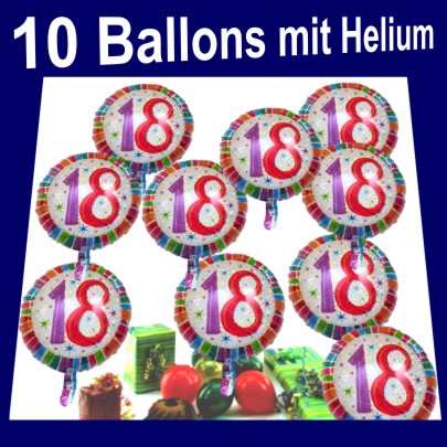 10 Luftballons aus Folie, Zahl 18, inklusive Helium-Ballongas zum 18. Geburtstag