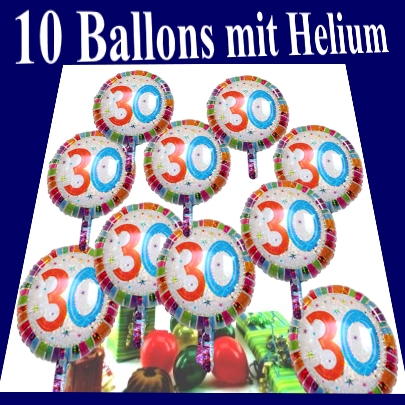 10 Luftballons aus Folie, Zahl 30, inklusive Helium-Ballongas zum 30. Geburtstag