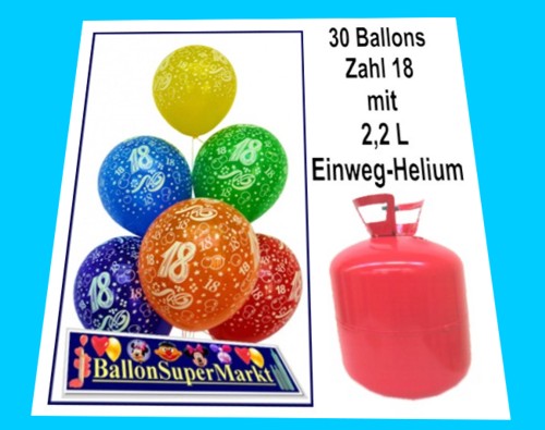 30 Luftballons, Zahlenballons mit der Zahl 18 inklusive Heliumgas-Einweg zum 18. Geburtstag