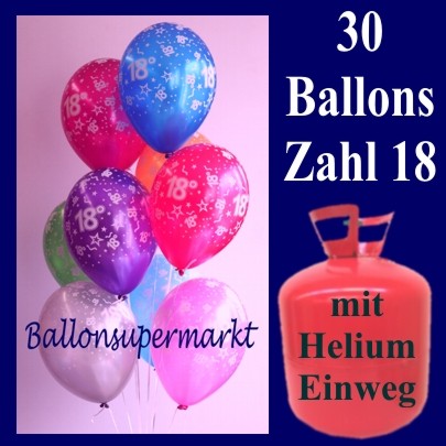 30 Luftballons Zahl 18 zum 18. Geburtstag mit Helium-Einweg